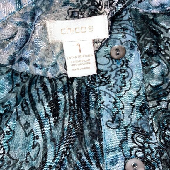 CHICO'S sz M sz 1 Blue Burn Out Crush Velvet Tab Sleeve Button Tunic Blouse - Picture 5 of 6